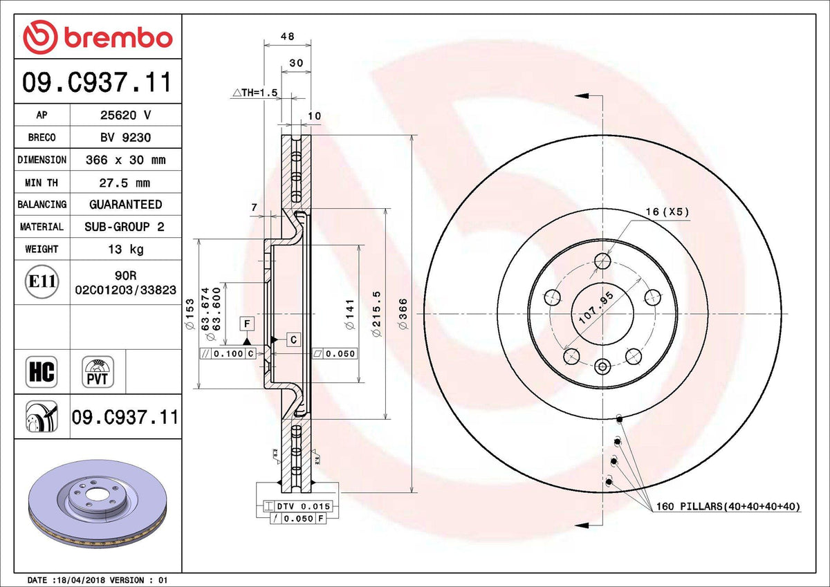 Brembo 09.C937.11 Volvo XC60/XC90 2016> Front Brake Disc Set 19 Rim UV Coated | Set of 2