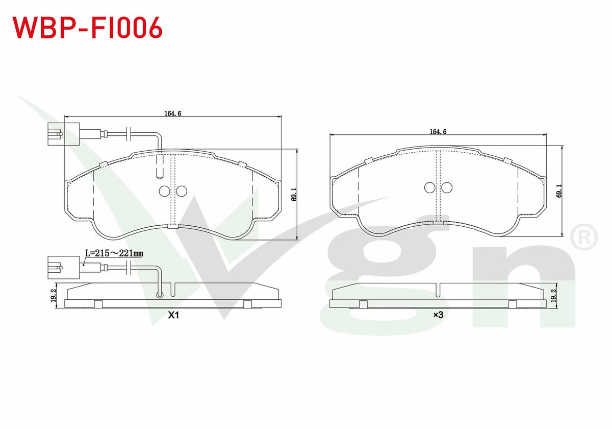 WGN WBP-FI006 Brake Pad Front with Connector Fiat Ducato (244) 2.3 JTD 2002-2006 / Ducato (244) 2.8 JTD 2002-2006 / Citroen Jumper II 2.8 HDi 2002-2006 / Peugeot Boxer II 2.0 HDi 2002-2006 / Boxer II