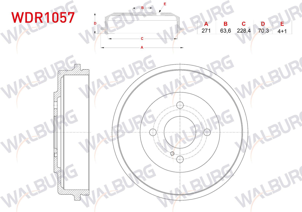 WALBURG WDR1057 Brake Drum Rear 4 Hole 271X63, 6X228 and 2 more models — Brake Rotors & Drums