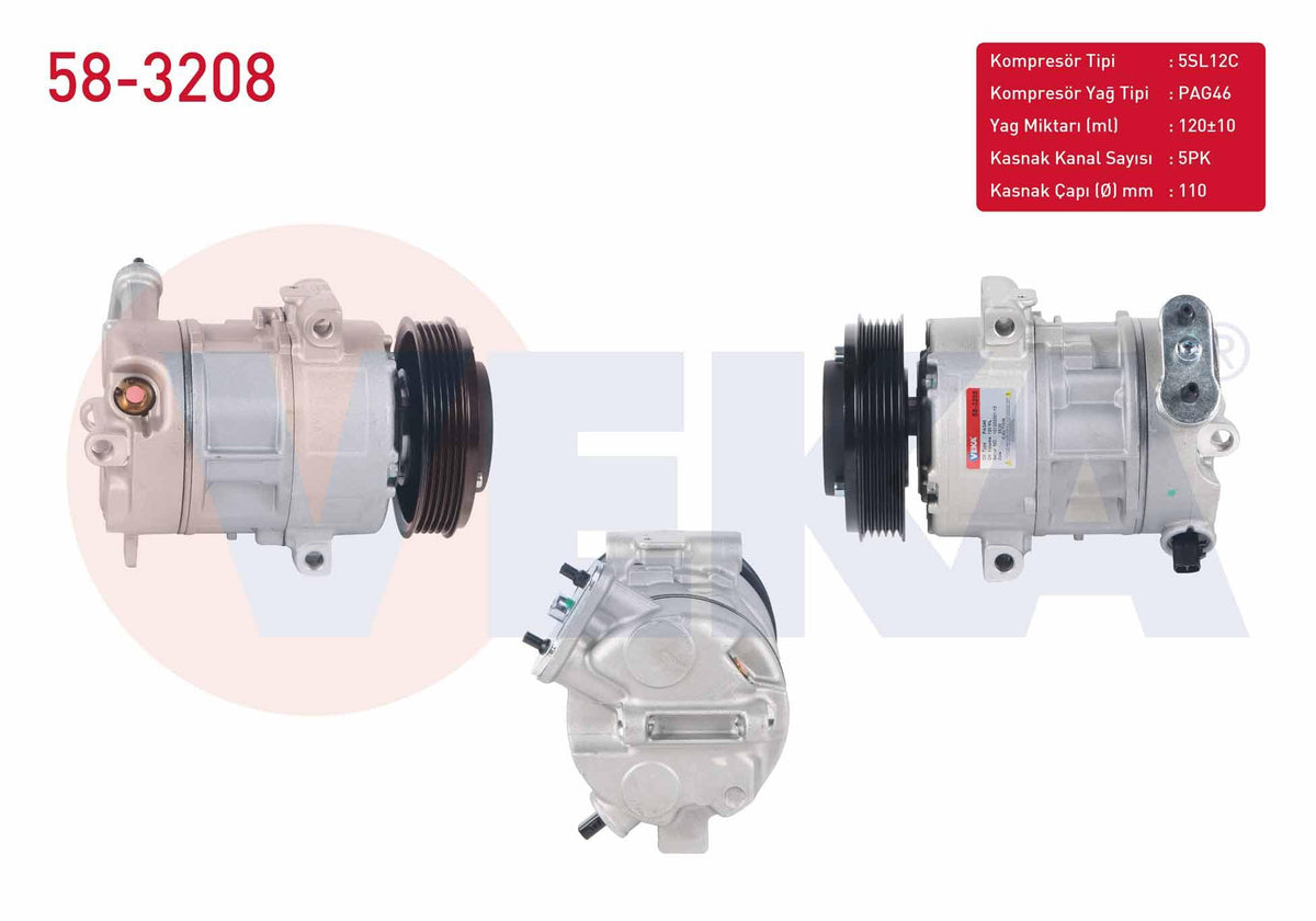 Veka 58-3208 A/C Compressor 5Pk 110mm Opel Corsa D 1.2-1.4 2006-2014 /Corsa E 1.2-1.4 2014