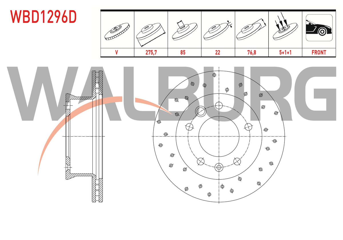 WALBURG WBD1296D Brake Disc Front Air Performance Drilled 5 Bjn 275,7X22x85x76 — Brake Rotors & Drums