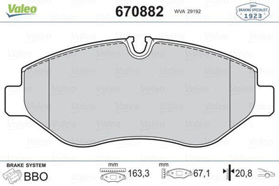 Valeo 670882 Brake Pad Front Crafter 06-16 Sprinter 06-16 W907 W447 Vito W639 Viano — Brake Pads