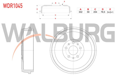 WALBURG WDR1045 Brake Drum Rear 5 Hole 302X59x254x78,5 Fiat Doblo 1.3 Mjt-1.6 Mjt 2010 — Brake Rotors & Drums