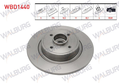 WALBURG WBD1440 Brake Disc Rear Straight 4 Bjn Wheel Hub with Bearing Magnetic ABS Okuyuculu 274X11x52,3X82,1 Renault Grand Scenic II 1.5 dCi-1.6i 2004-2009 | Set of 2