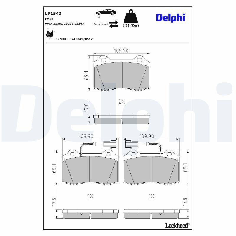 Delphi LP1543 Brake Pad Front with Connector Alfa Romeo 147/156/GTV/Fiat Coupe/Peugeot 406 Coupe — Brake Pads