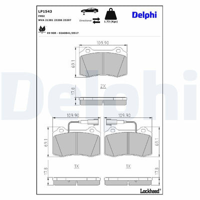 Delphi LP1543 Brake Pad Front with Connector Alfa Romeo 147/156/GTV/Fiat Coupe/Peugeot 406 Coupe — Brake Pads