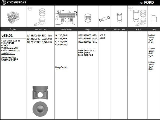 King 182550343 Piston 86.01 mm (0.50) Ford Transit V184 Mondeo 2.0Tdci D5ba (90 Ps) (Rıken with Piston R — Pistons & Rotating