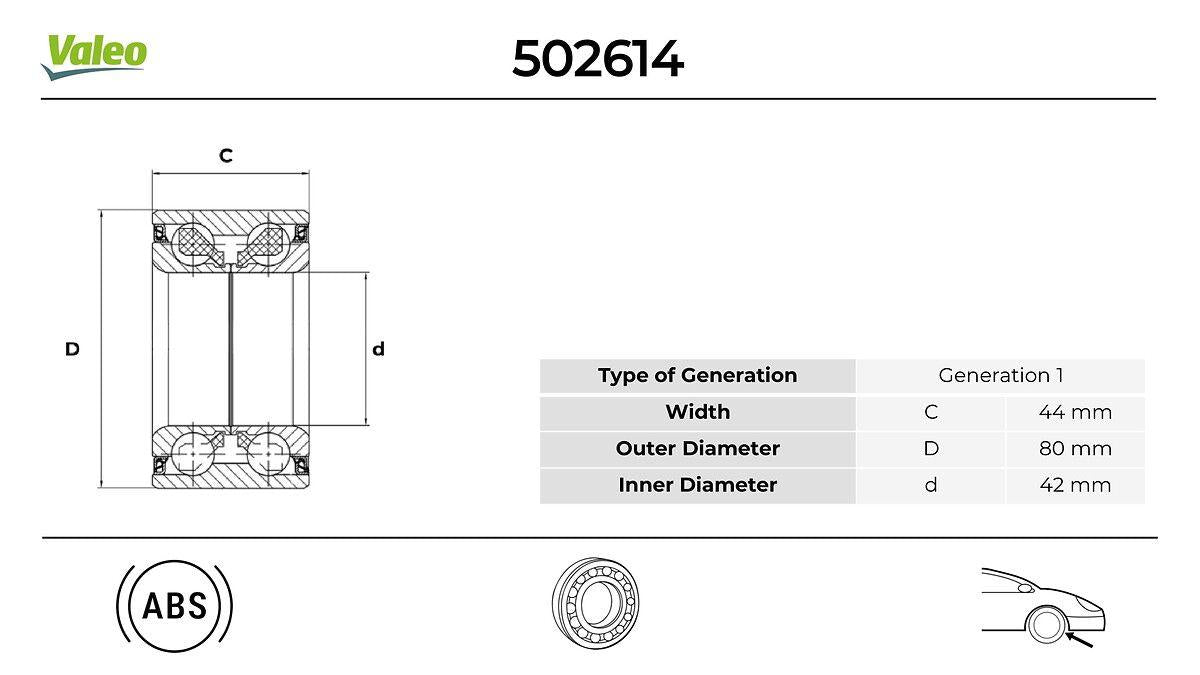 Valeo 502614 Axle Ball Bearing Opel Astra L / Combo E / Grandland (42X80x44) Front — Axles, CV Joints & Boots