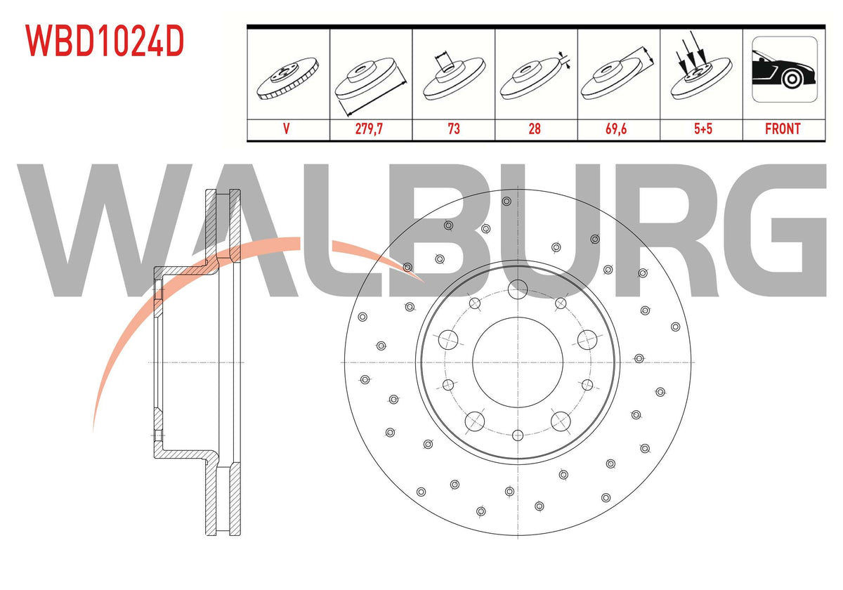 WALBURG WBD1024D Brake Disc Front Air Performance Drilled 5 Bjn 16 Rim 279,7X28x73x69,6 Fiat Ducato 2.3 Mjt 2006-2014 / Ducato 3.0 Mjt 2006-2014 / Peugeot Boxer III 2.2 HDi 2006-2014 / Citr