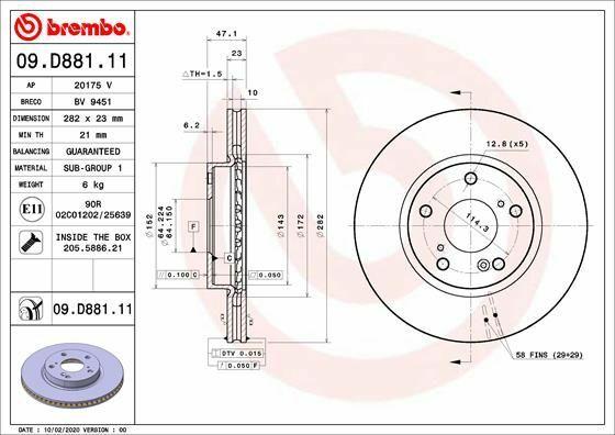 Brembo 09.D881.11 Brake Discs - Front Vented Coated for Honda Civic 2017 — Brake Rotors & Drums