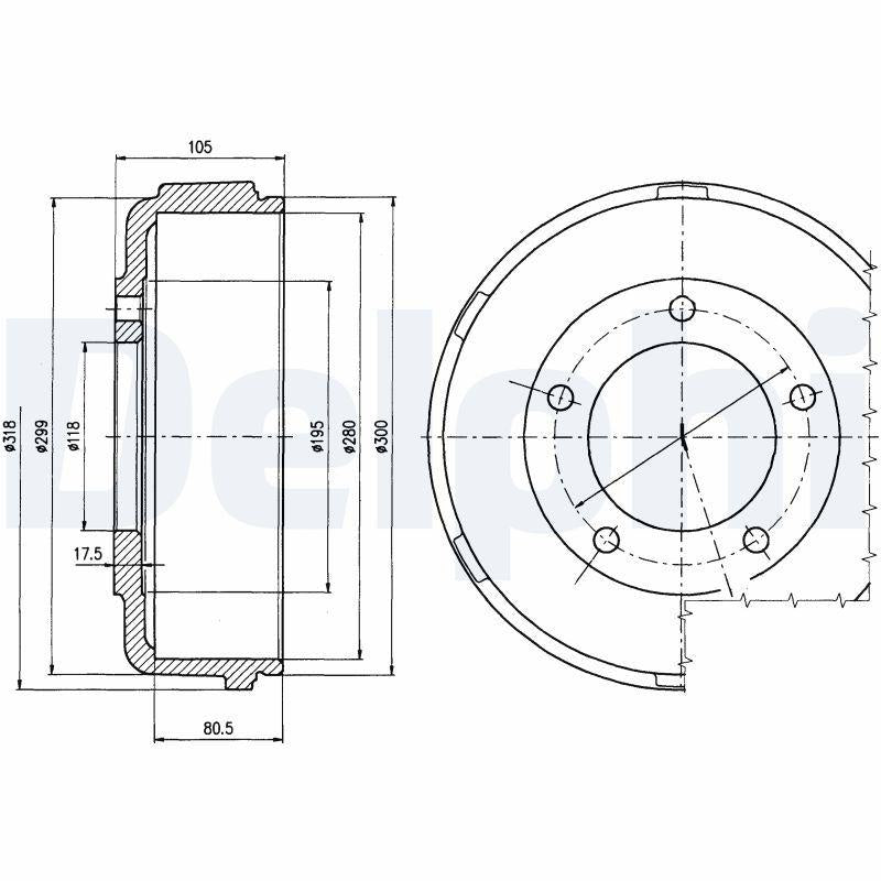 Delphi BF478 Rear Brake Drum Transit V184 (Single Wheel) 280X104 — Brake Rotors & Drums