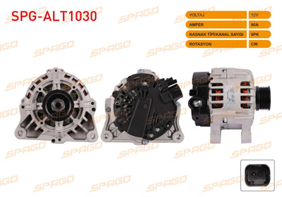 SPAGO SPG-ALT1030 Alternator 12V 90A 6Pk (Alt886) Partner 206 307 406 407 /Berlingo Xsara C4 C5 (Gasoli — Starting & Charging
