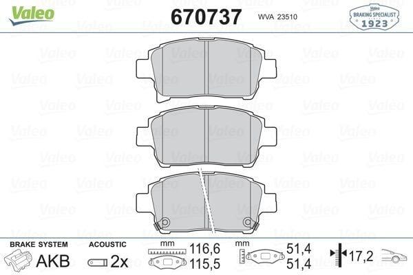 VALEO 670737 Front Brake Pad Set for 1999 Corolla and Yaris — Brake Pads