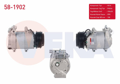 Veka 58-1902 A/C Compressor 5Pk 108mm Ford Focus II 1.6i 2004-2011 / C-Max I 1.6i 2007-2011 / Volvo S40 II 2.0i 2004-2012