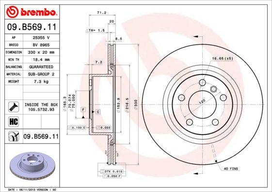 Brembo 09.B569.11 Brake Disc Rear Single BMW X3 F25-X4 F26 12-19, Set of 2 — Brake Rotors & Drums