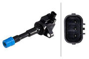 hella ignition coil front view, hella ignition coil side view, hella ignition coil technical specifications HELLA Ignition Coil - Bobin 04 Jazz City 1.2-1.4 16V | 1.3 12V HELLA Ignition Coil for 04 Jazz City | 12V 16V hella, ignition-coil, car-parts, auto-accessories, mechanics, car-owners, 04-jazz-city, 12v, 16v, ai-generated