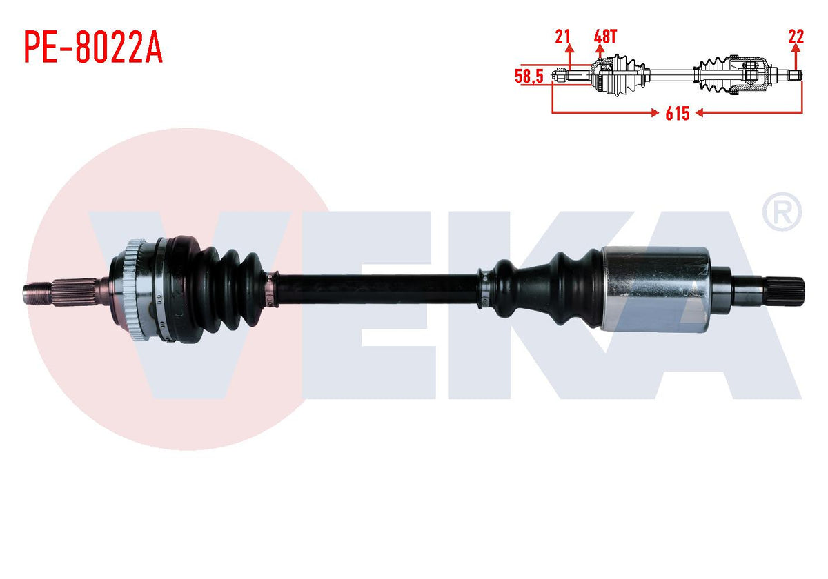 Veka PE-8022A Complete Axle Left Front Peugeot 106 II 1.6i GTI with ABS 48 Outer Length 615mm 1996 — Axles, CV Joints & Boots