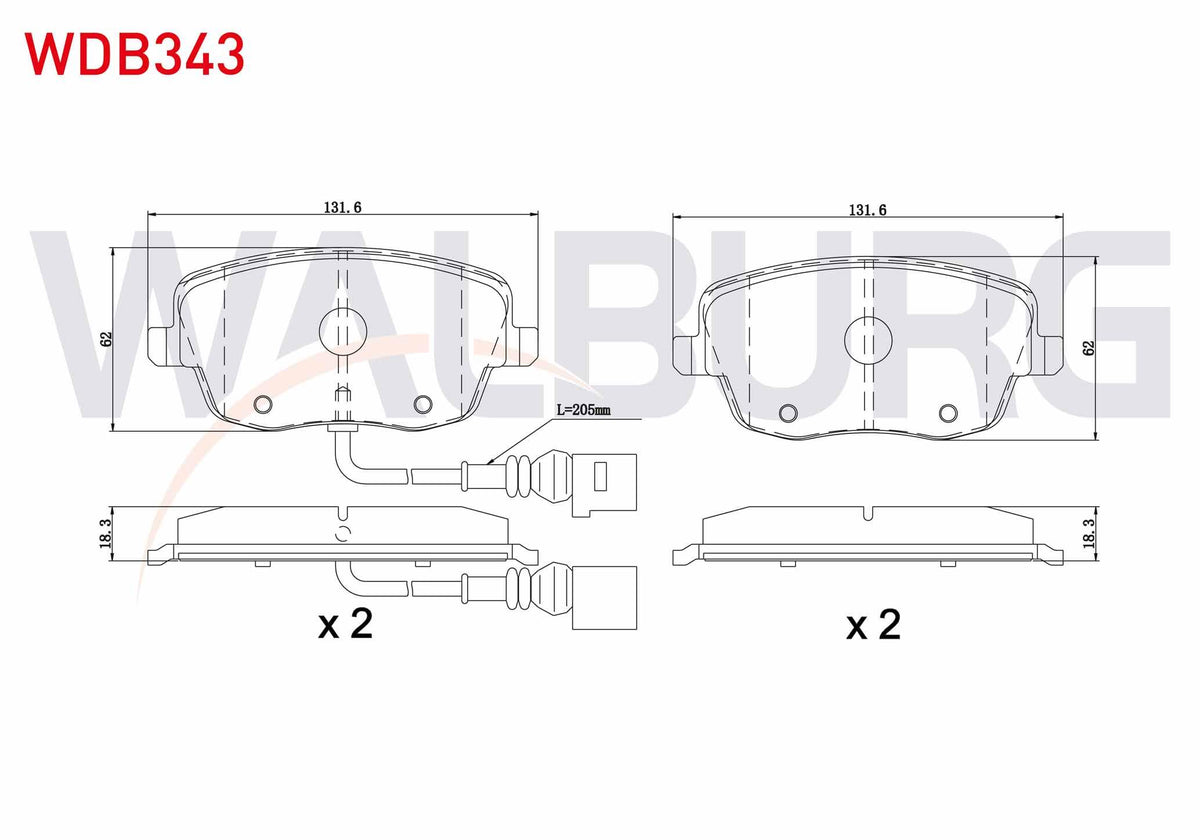 WALBURG WDB343 Brake Pad Front with Connector VW Polo 1.4i 16V 2001-2012 / 1.4 TDI 2001-2012 / 1.9 TDI 2001-2012 — Brake Pads