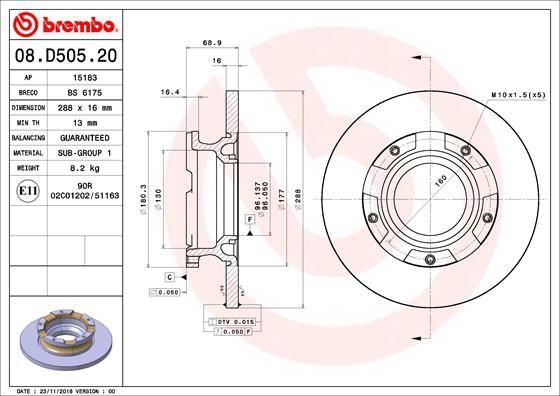 Brembo 08.D505.20 Brake Disc Rear T.Wheel (288mm) (Ford Transit Custom V362 12-V363 14 -) — Brake Rotors & Drums