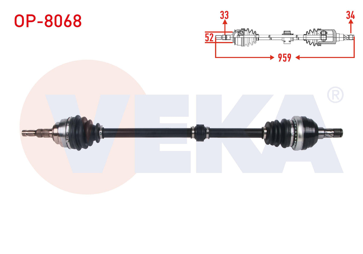 Veka OP-8068 Complete Axle Right Front Length 959mm Opel Astra G 2.0 16V 1998-2005 — Axles, CV Joints & Boots