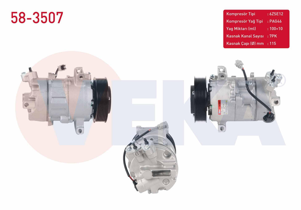Veka 58-3507 A/C Compressor 7Pk 115mm Renault Grand Scenic III 1.4i 16V 2009-/ Megane III 1.4 TCE 2008-2015 / Scenic III 1.4i