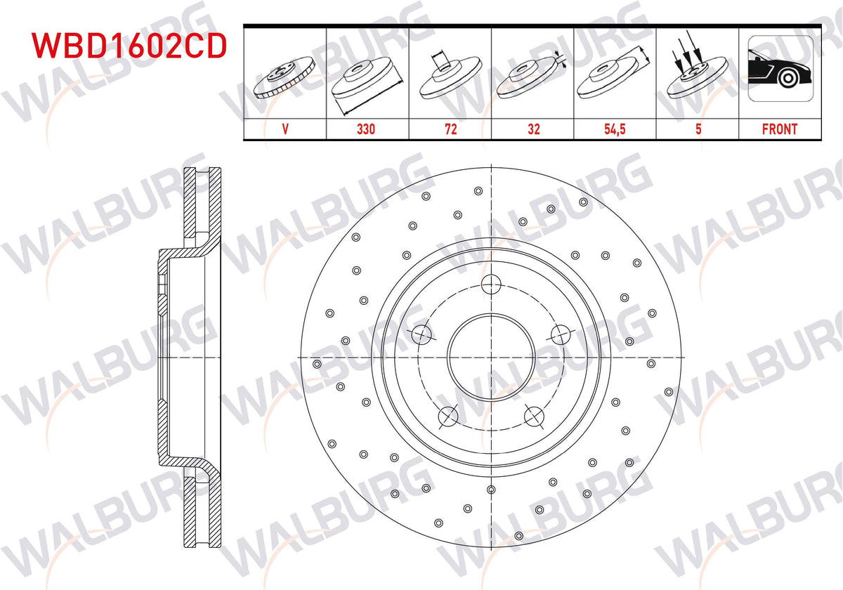 WALBURG WBD1602CD Brake Disc Front Air Coated Performance Drilled 5 Bjn 17 Rim 330X32x72x54,5 Jeep Grand Cherokee IV (Wk,Wk2) 3.0 Crd-3.6 V6 2010