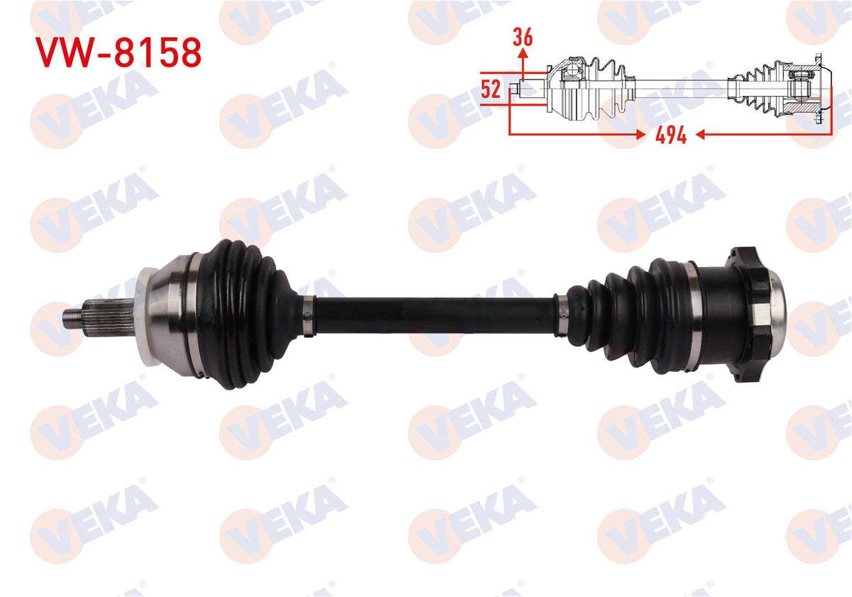 Veka VW-8158 Complete Axle Left Front Length 494mm VW Polo (9N_) 1.4 A-T 2001-2012 / Ibiza (6L1) 1 — Axles, CV Joints & Boots