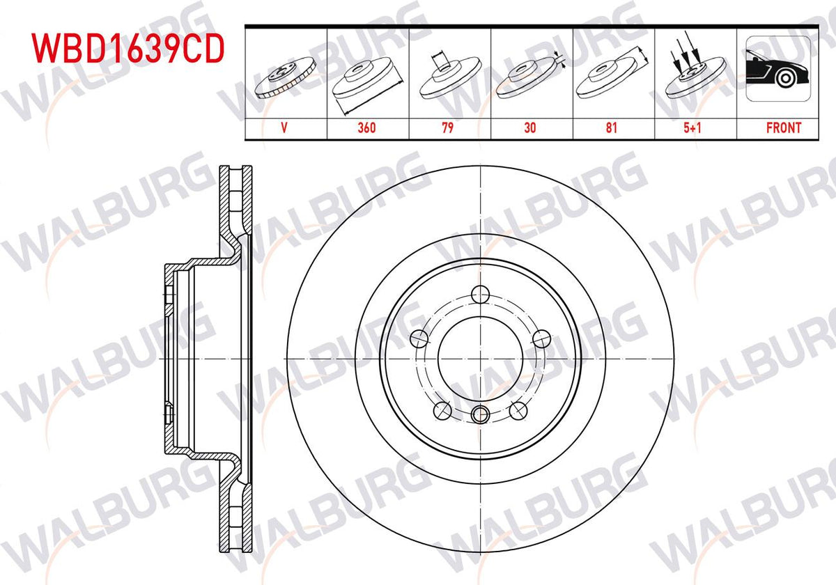 WALBURG WBD1639CD Brake Disc Front Air Coated Performance Drilled 5 Bjn 360X30x79x81 Range Rover III ( — Brake Rotors & Drums