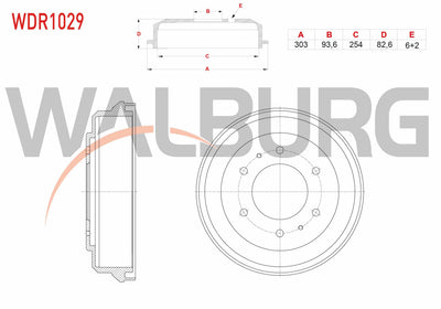 WALBURG WDR1029 Brake Drum Rear 6 Hole 303X93,6X254x82,6 Mitsubishi L 200 2.5 TD 1996-2006 — Brake Rotors & Drums