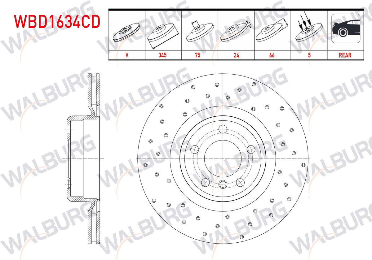 WALBURG WBD1634CD Brake Disc Rear Air Coated Performance Drilled 5 Bjn 345X24x75x66 BMW 1 Series (F20) — Brake Rotors & Drums