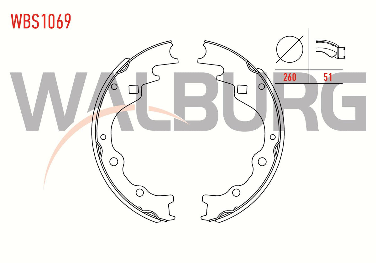 WALBURG WBS1069 Brake Shoe Rear Kia Besta 2.2 D 260X51 mm 1993-2003 / Kia Pregio (Tb) 2.5 TCi D 199 — Brake Cables & Hardware