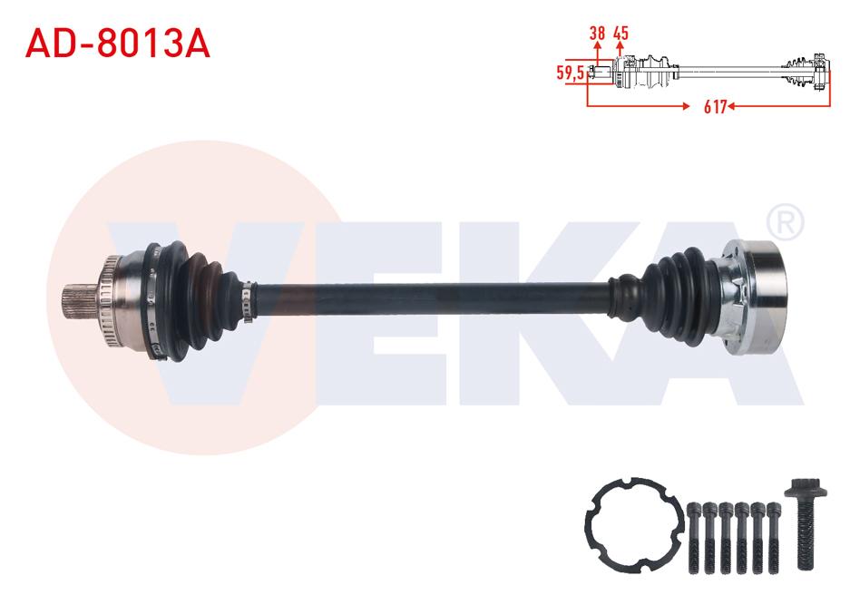 Veka AD-8013A Complete Axle Left Front with ABS 45 Outer Length 617mm Audi A4 (8E2 — Axles, CV Joints & Boots
