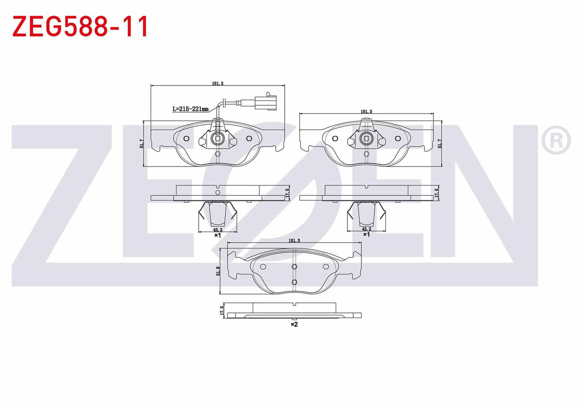 Zegen ZEG588-11 Brake Pad Front with Connector Fiat Marea (185) 1.4i 1996-2007 / 1.6i 16V 1996-2007 / 1.9 JTD 19 — Brake Pads