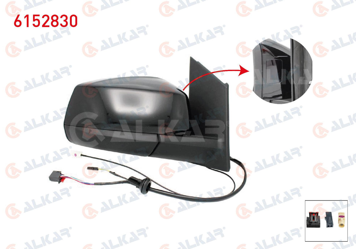 Alkar 6152830 Outer Rear View Mirror Right Electric Heated Automatic Folding Blind Spot Antenlı Parlak Black 7 + 2 Pin Ford Tourneo Connect 2022-/ Volkswagen Caddy V 2020