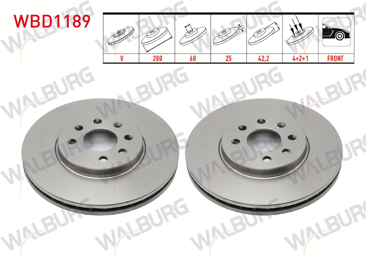 WALBURG WBD1189 Brake Disc Front Air 4 Bjn 280X25x60x42,2 Opel Combo C — Brake Rotors & Drums
