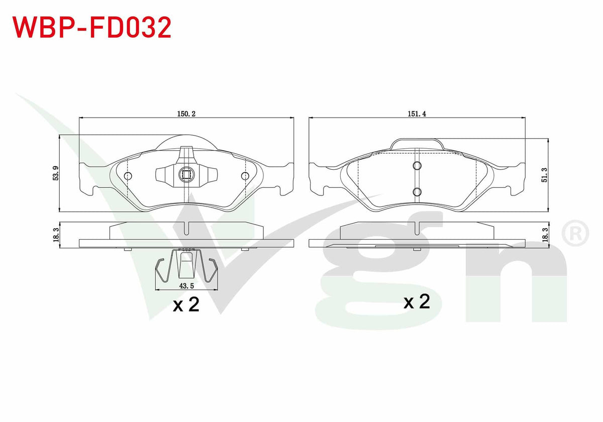WGN WBP-FD032 Brake Pad Front Ford Fiesta IV 1.25i 16V 1996-2002 / Fiesta IV 1.4i 16V 1996-2002 / Fiesta IV 1.3i 1996-2002