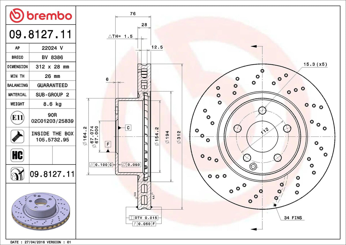 Brembo 09.8127.11 Brake Disc Front Coated Mercedes W220 S280-S320 1999-2005 — Brake Rotors & Drums