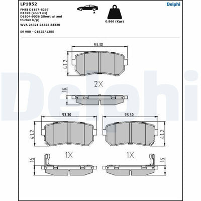 Delphi LP1952 Rear Brake Pad Hyundai Accent Era i20 i30 Ix20 Ix35 Sonata Kia Ceed Cerato Rio Sportage Picanto — Brake Pads