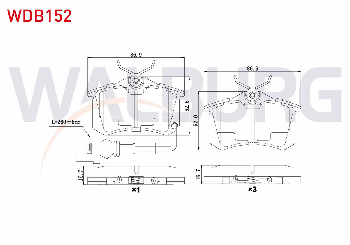 WALBURG WDB152 Brake Pad Rear with Connector VW Polo (9N_) 1.6i 16V 2001-2012 / 1.4 TDI 2001-2012 / 1.4i 16V 200 — Brake Pads