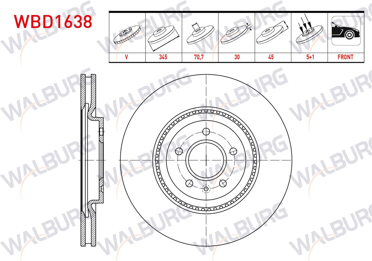 WALBURG WBD1638 Brake Disc Front Air 5 Bjn 345X30x70,7X45 Opel Insignia B (Z18) 18 Rim 2017-| Set of 2 — Brake Rotors & Drums