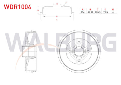 WALBURG WDR1004 Brake Drum Rear (with ABS Tip) 4 Hole 234X51, 92X203 and 3 more models — Brake Rotors & Drums