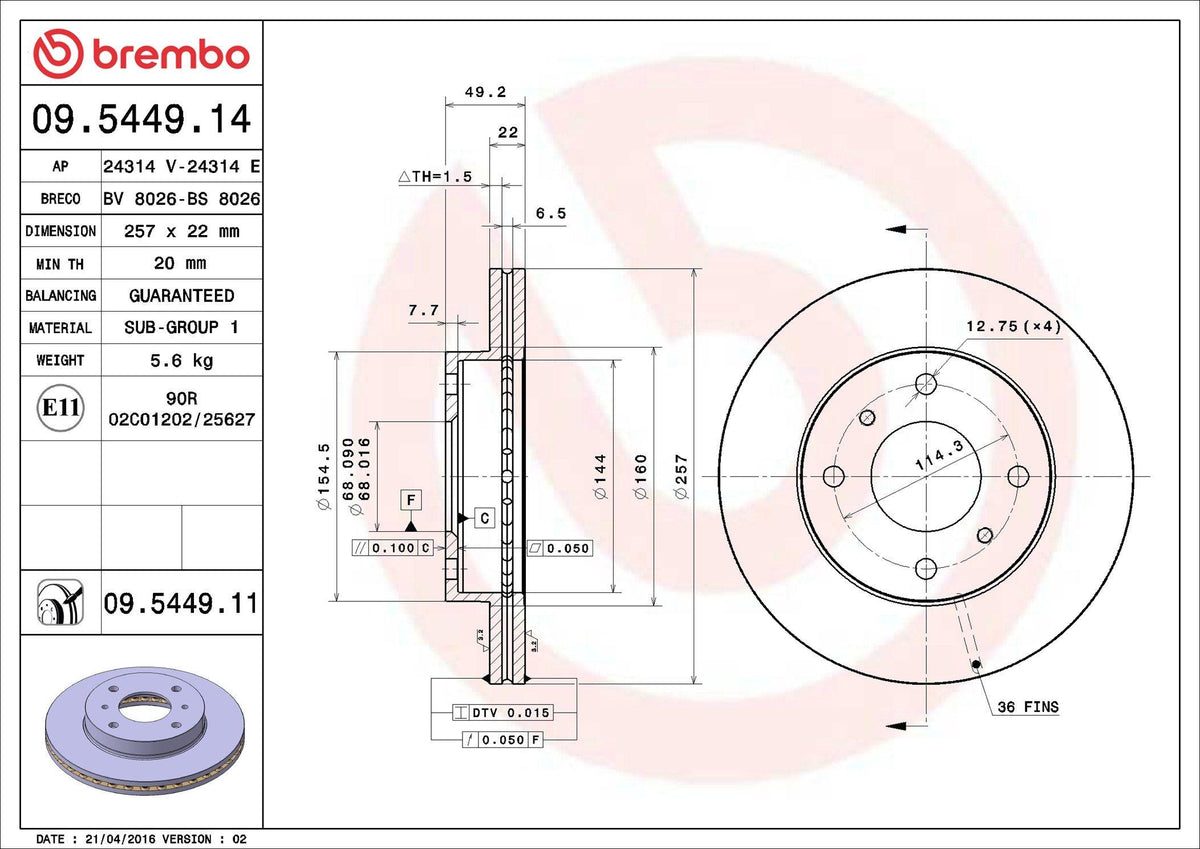 Brembo 09.5449.14 Brake Disc Front Air (257-4) Nissan Primera-P11 96 / 02 / Primera-P10 90 / 96 / Alme — Brake Rotors & Drums
