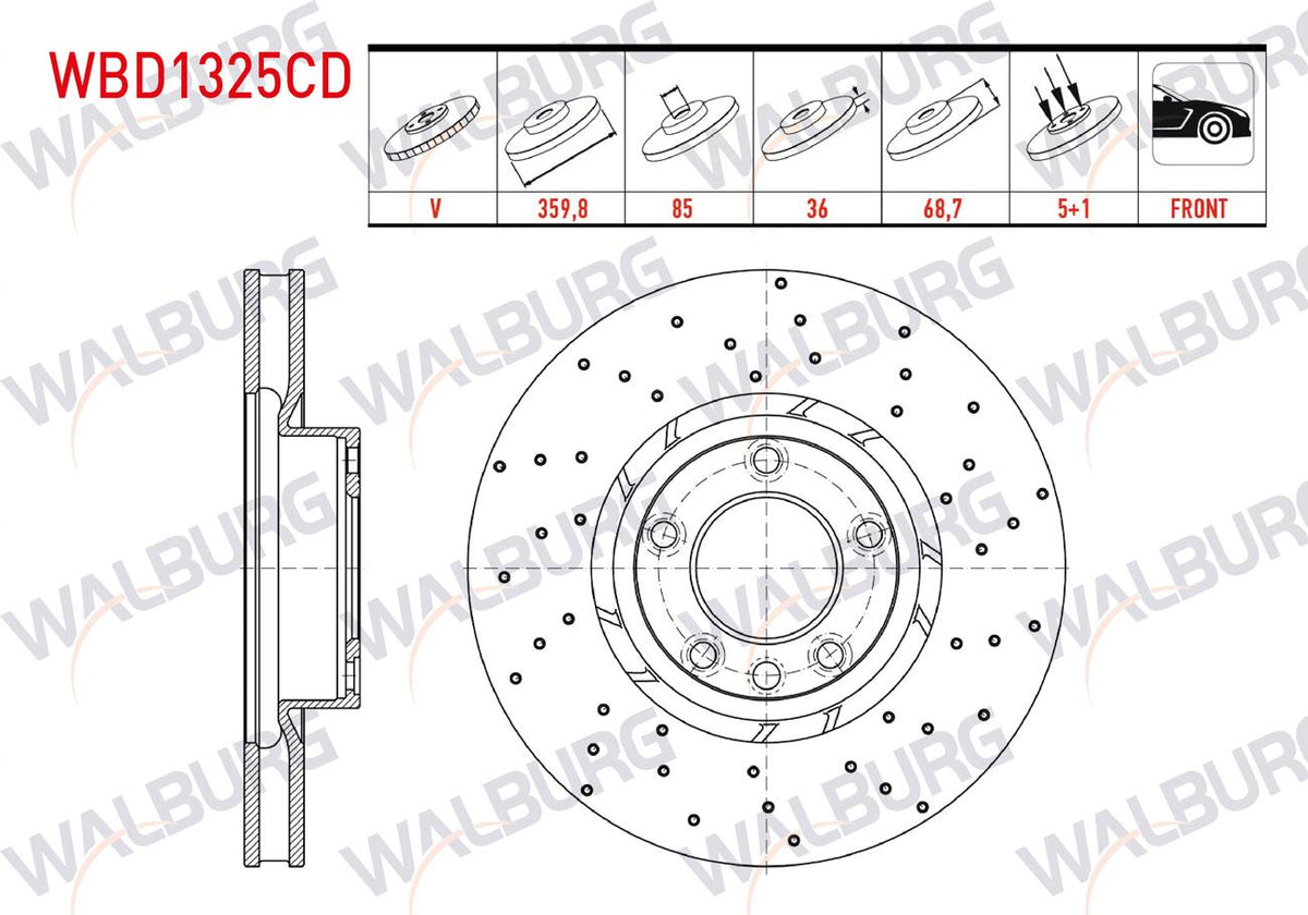 WALBURG WBD1325CD Brake Disc Left Front Air Coated Performance Drilled 5 Bjn 359,80X36x85x68 — Brake Rotors & Drums
