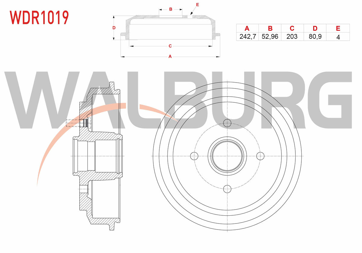 WALBURG WDR1019 Brake Drum Rear 4 Hole 242,7X52,96X203x80,9 Ford Fiesta V 1.25i-1.4i 16V-1.4 TDCi-1.6 TDCi 2001-2008 / Fusion 1.4 TDCi-1.6 TDCi-1.6i 2002-2010
