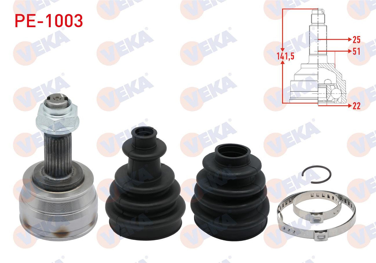 Veka PE-1003 CV Joint Left-Right Front Outer 25X22x51 Length 141 — Axles, CV Joints & Boots
