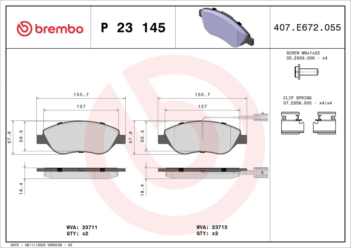 Brembo P23145 Brake Pad Front Alfa Romeo MiTo 1.3D 01/11 > Chrysler Delta 1.4/1.6D 09/11 > Fiat Bravo — Brake Pads
