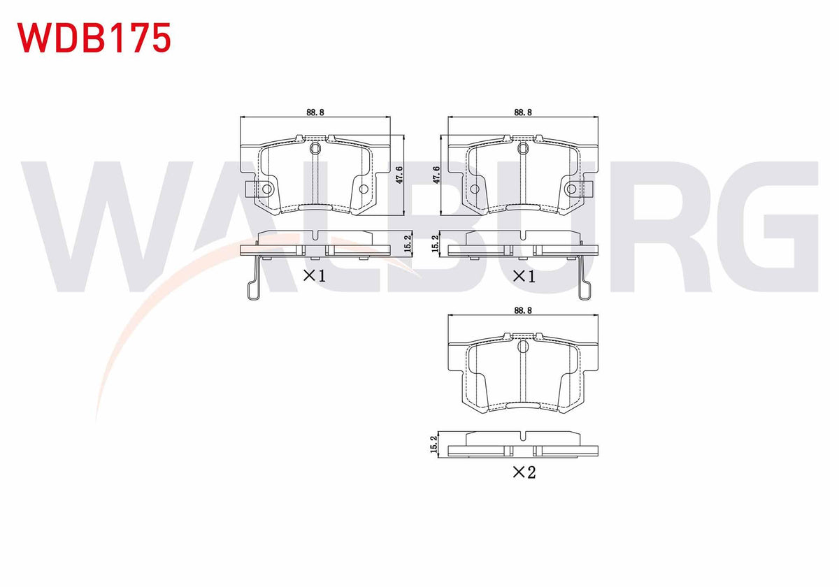 WALBURG WDB175 Brake Pad with Wear Indicator Rear Civic VIII 1.6 Vtec 2005-2012 / Accord V 2.2i Es 1993-1997 / 1 — Brake Pads
