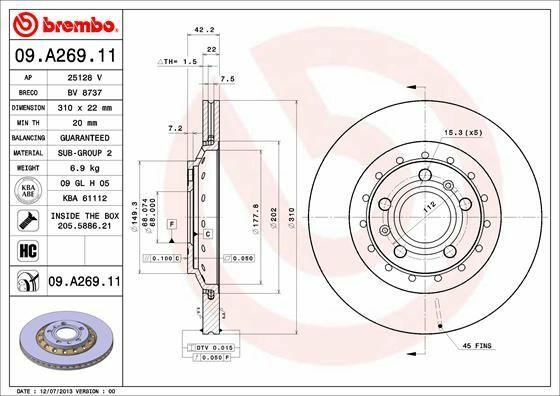 BREMBO Rear Brake Discs 09.A269.11 - 310mm for Audi A8 2003-2010, VW Phaeton 2008-2016 — Brake Rotors & Drums