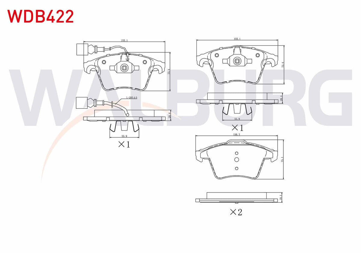 WALBURG WDB422 Brake Pad Front with Connector Volkswagen Transporter V 1.9 TDI 2003-2011 / Transporter V 2.5 TDI 2003-2011 / Transporter VI 2.0 TDI 2009-/ Transporter VI 2.0 TDI BiTDI 2009