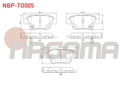 NAGAMA NBP-TO005 Brake Pad Rear with Wear Indicator Toyota Avensis (T25) 1.6 Vvt-I 2003-2008 / Toyota Avensis (T25) 1.8 2003-2008 / Toyota Verso (_Aur2_, _Zgr2_) 2.0 D-4D 2009-/ Toyota Avensis (T25) 2